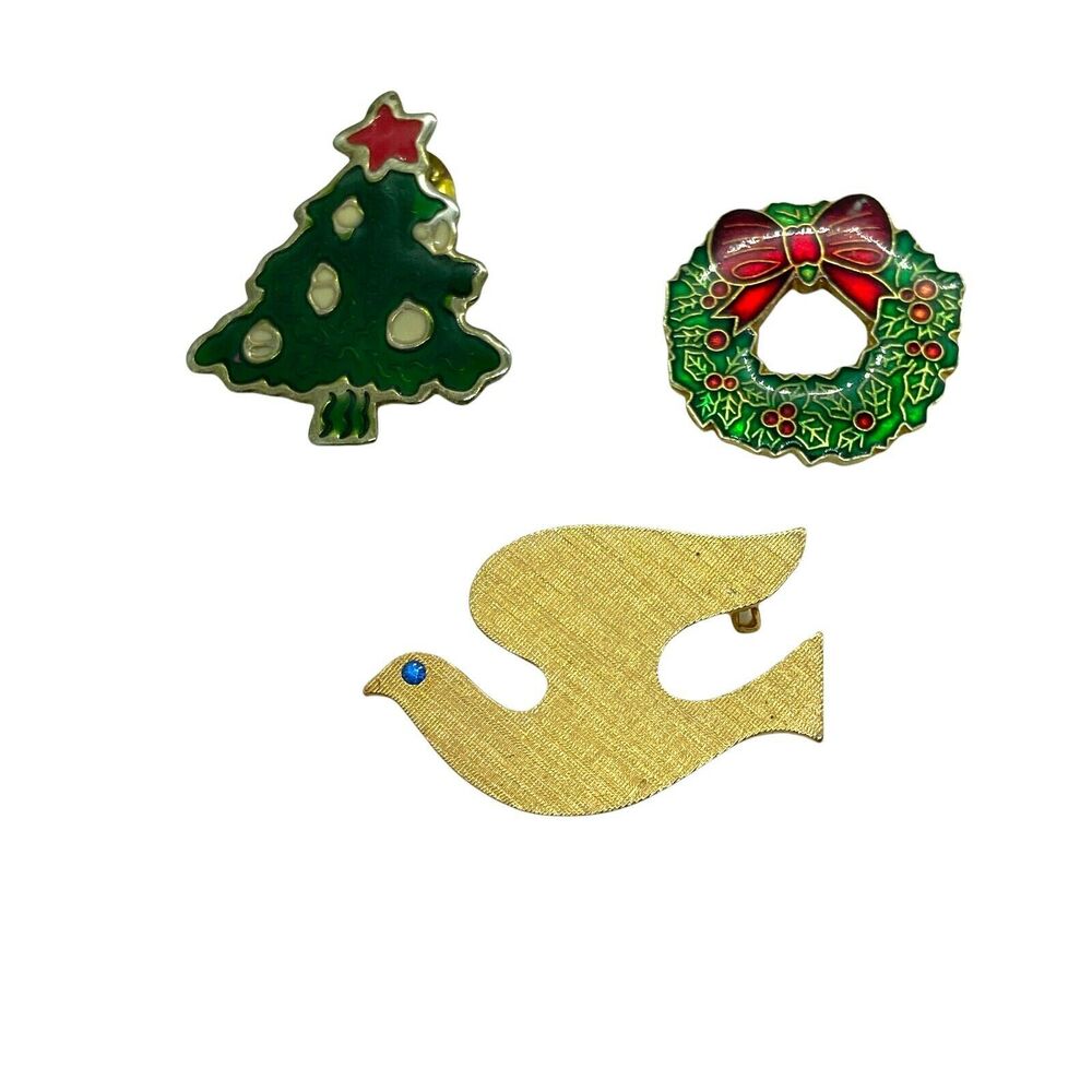 Christmas Brooch Pins Set Of Three Vintage Womens Dove Tree Wreath Beautiful